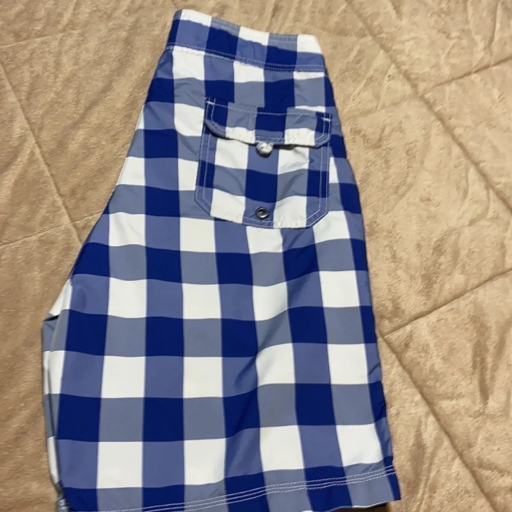 Lands End canvas blue white checkered board shorts